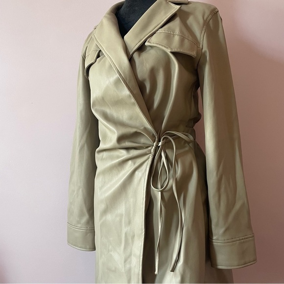 Zara - Beige Tan Camel Faux Leather Self Tie Long Sleeve Wrap Mini Dress Size XS - Picture 5 of 11